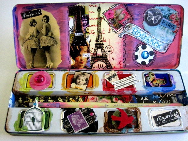 Mixed Media Vintage Binney Smith Paint Box Tin ART Assemblage PARIS SCHOOL is Out