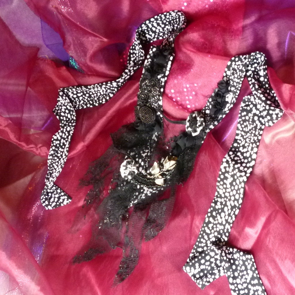 RESERVED For Jen ONLY Black and Silver Lace Beaded Fabric Necklace by mystic2awesome