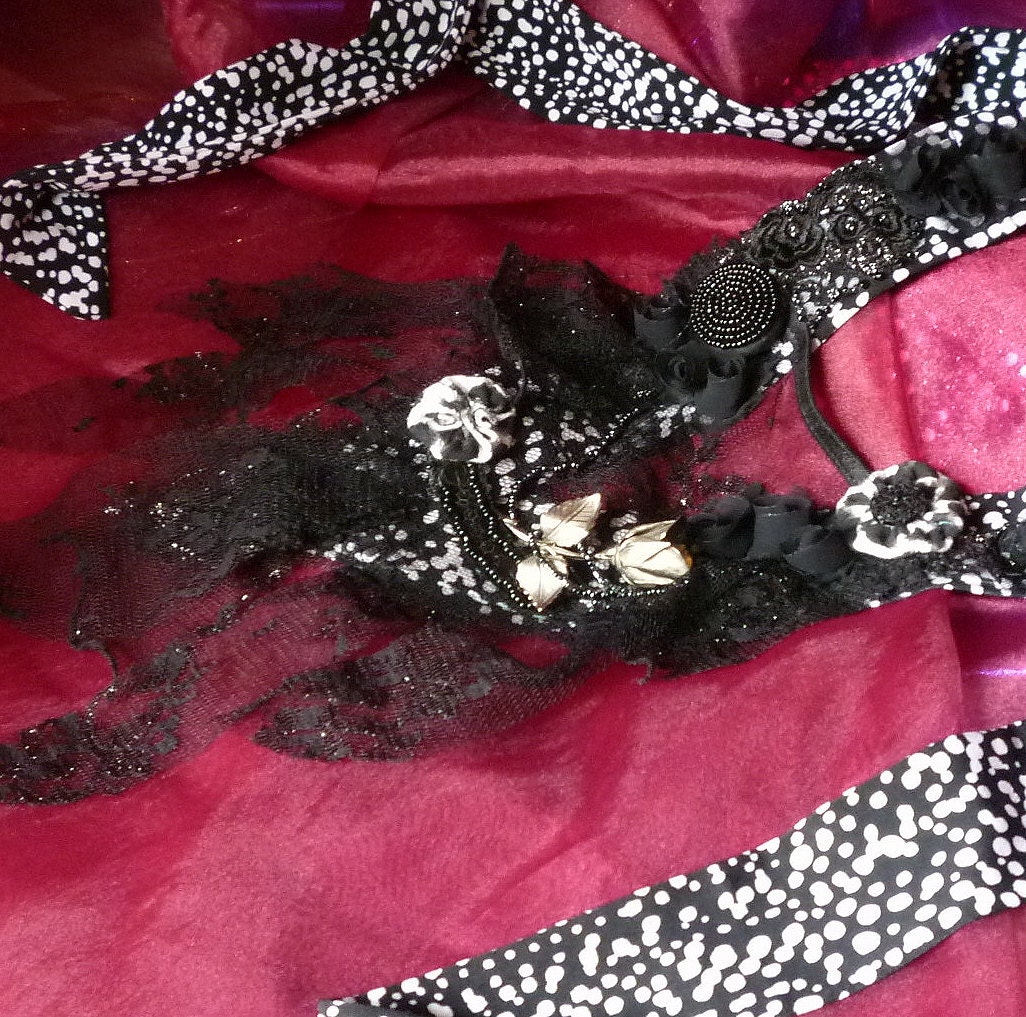 RESERVED For Jen ONLY Black and Silver Lace Beaded Fabric Necklace by mystic2awesome