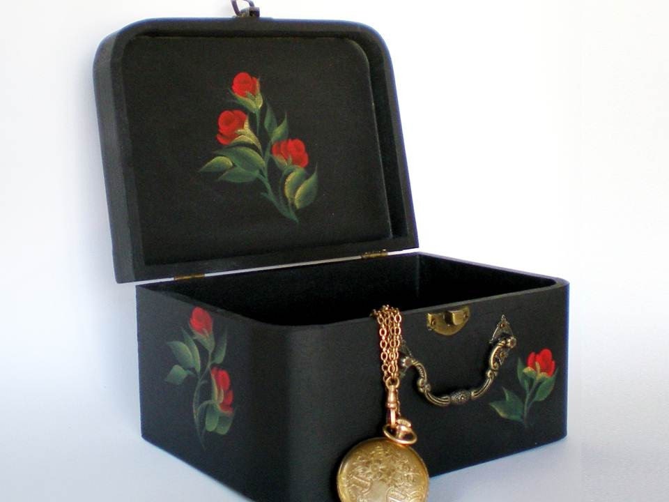 Hand Painted Jewelry Box - Jet Black with Velvety Red Roses, Sapphire and Gold Butterfly - Mothers Day Mom Bridal Girls Eco Gift Box Wrap