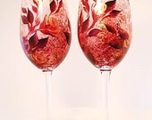 Crystal Champagne Flutes - Abstract Hand Painted Crimson Red and Gold Rose Design- Set of 8 Fall Wedding Toasting Glasses Anniversary Party