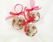 Hand Painted Christmas Ornaments, Set of 3 - Red Roses, Green and Gold Leaves, Red Ribbon - Classic Bright Fun Hostess Gift Personalized