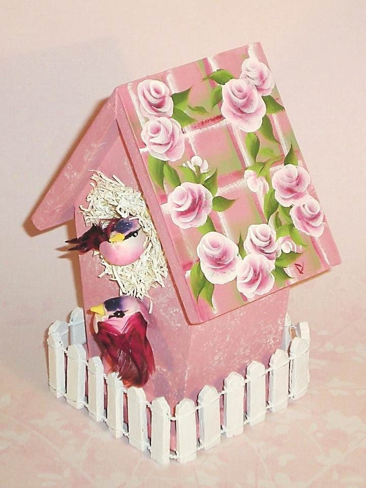 Wedding Decoration Table Centerpiece - Hand Painted Pink Birdhouse, White Picket Fence, Green Plaid Roof, Silk Birds, Roses Shower Favor