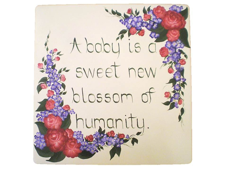 Hand Painted Baby Decorative Tile - Pink Roses, Blue Flowers with Quote - A Baby is a Sweet New Blossom - Nursery Sign New Baby Shower 12 i