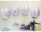 Hand Painted Wine Glasses - Elegant Lavender, Silver Rose Buds - Wedding Party Gift Anniversary, Set of 4 12 oz