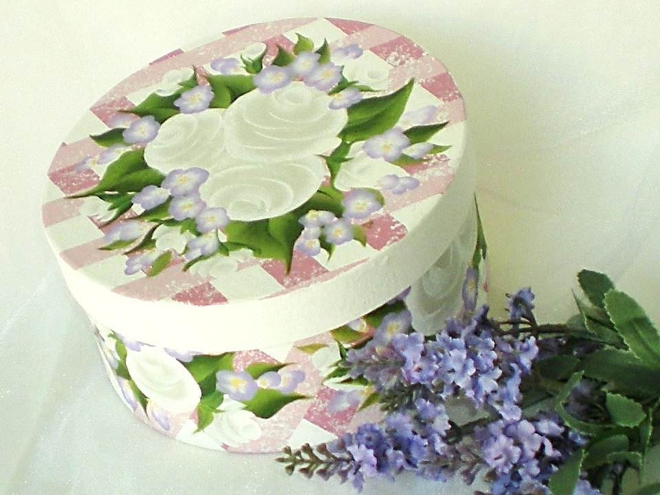 Hand Painted Hat Box - Pink Gingham Background, White Roses, Purple Blue Flowers - Spring Wedding Card Bridesmaid Gift XL12 in