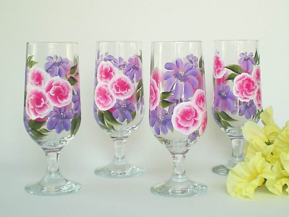 HandPainted Glasses - Ruffled Pink Azalea Flowers, Purple Daisies - Iced Tea Juice Cocktails Beverage - Set of 4 Mothers Day Summer