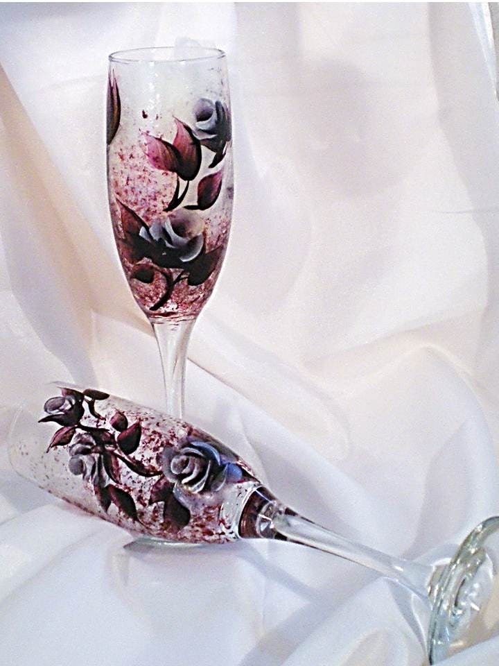 Hand Painted Champagne Flutes Glasses - Deep Burgundy Berry Silver Roses - Set of FOUR
