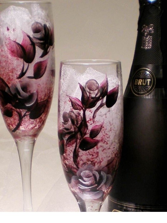 Hand Painted Champagne Flutes Glasses - Deep Burgundy Berry Silver Roses - Set of FOUR