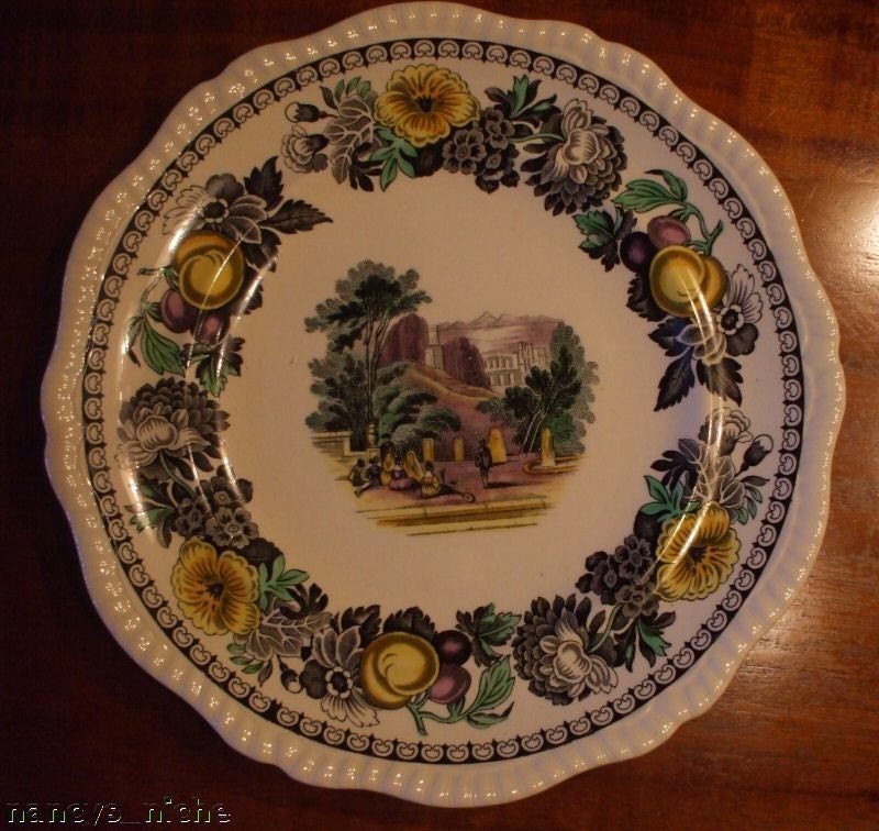 Black Transferware Copeland Spode Polychrome Plate
