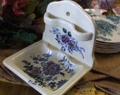 Polychrome Blue Transferware Hanging Soap Toothbrush Holder Basket of Flowers
