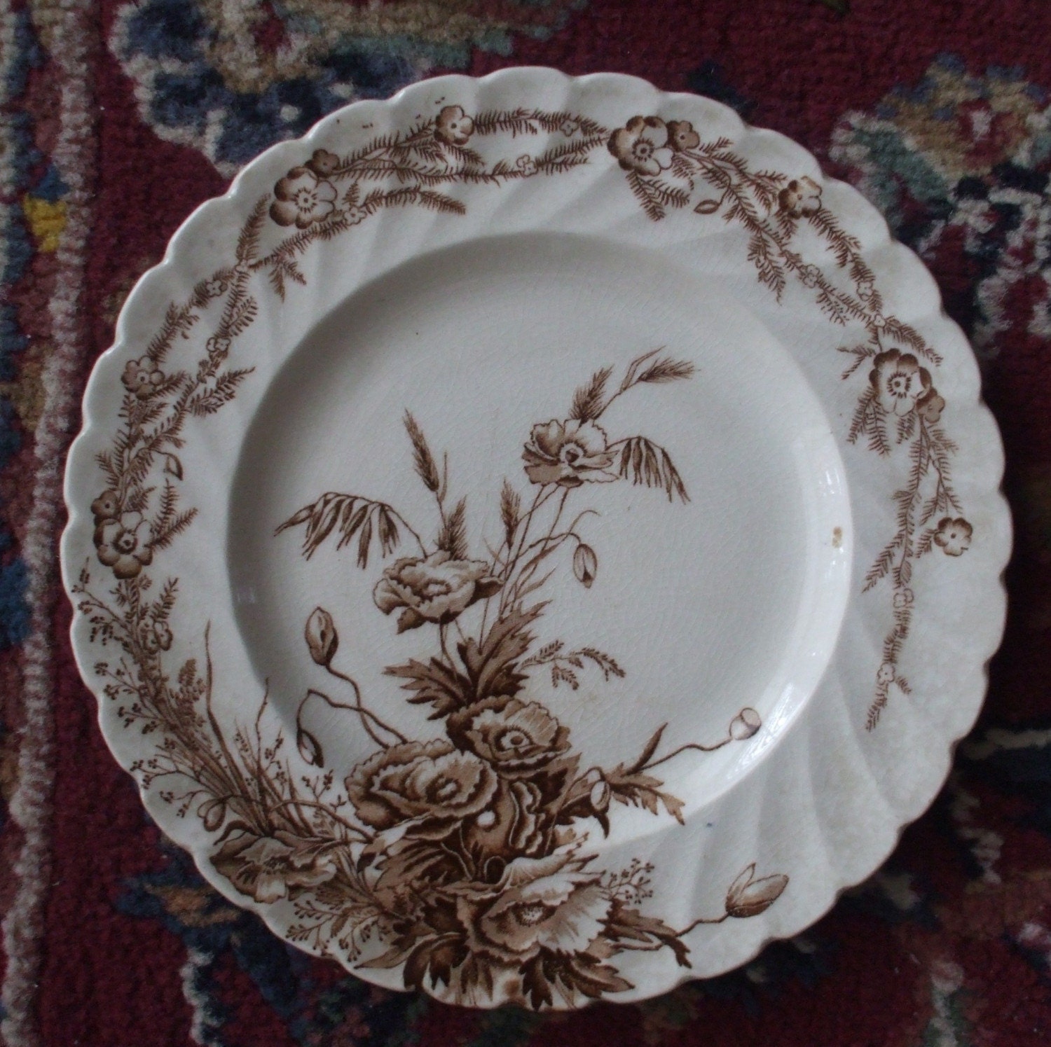 Clarice Cliff Toile Brown Transferware Serving Vegetable Bowl  Harvest Poppies