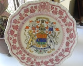 Red and Black Clobbered Two Color Transferware Canada Maple Leaf Plate Lion and Unicorn Crested Shield