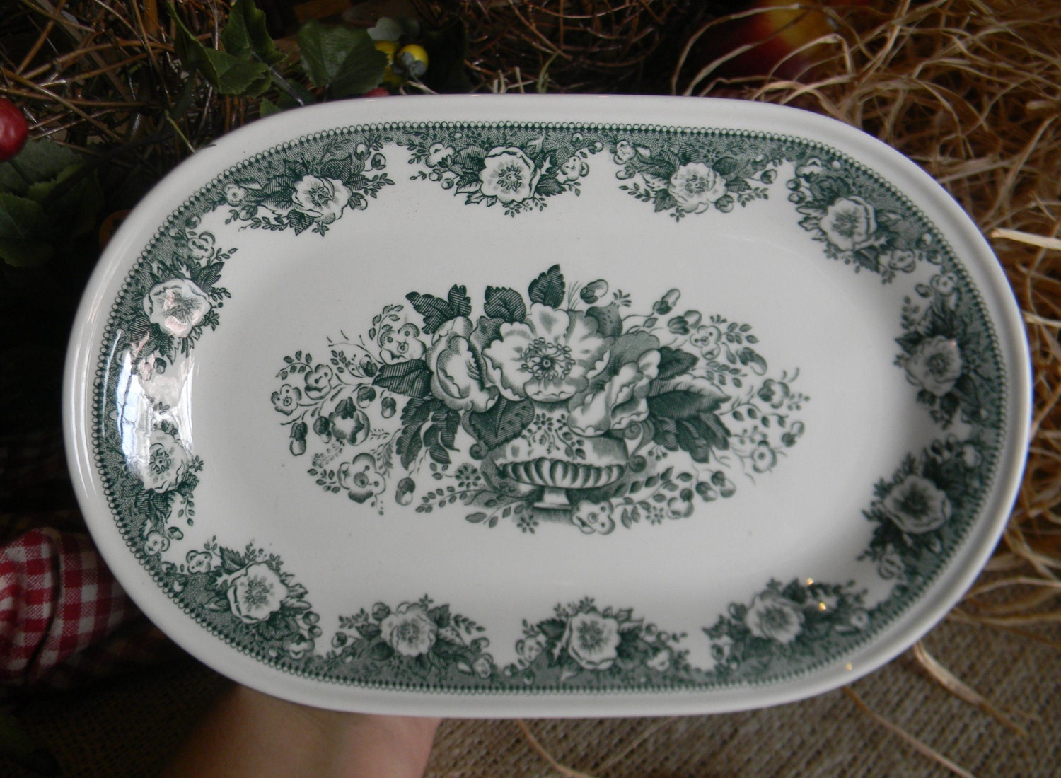 Teal Transferware Tab Handled Platter Roses Flowers