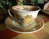 Brown Polychrome Transferware Woods Teacup Tea Cup and Saucer Flowers and Grapes LG