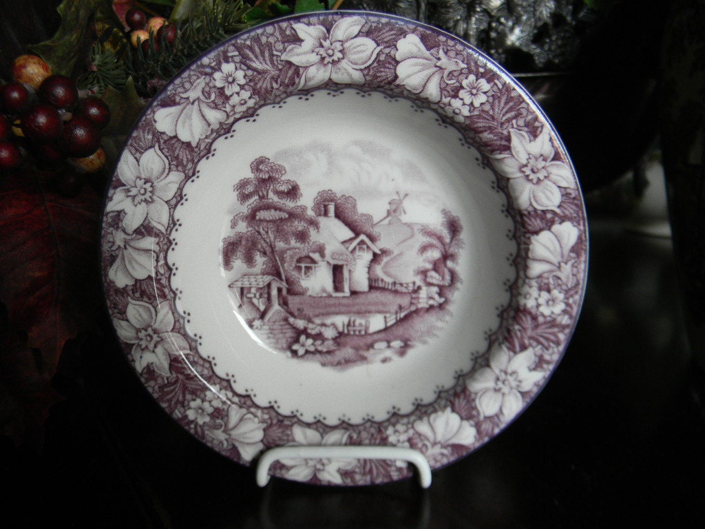Purple Transferware Candy Dish Shallow Bowl Picket Fence Water Well Windmill Cottage Bridge Peonies