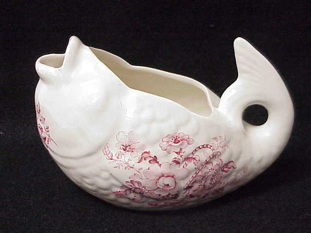 Red Pink Transferware Fish Shaped Pitcher Creamer Charlotte Staffordshire