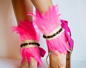 WARRIOR Beaded Neon Pink Feather Ankle Cuffs - jdotdesigns