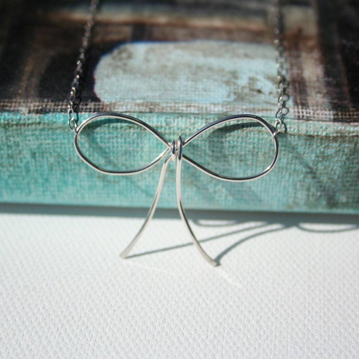 LARGE SILVER BOW necklace - sterling silver bow - bowtie