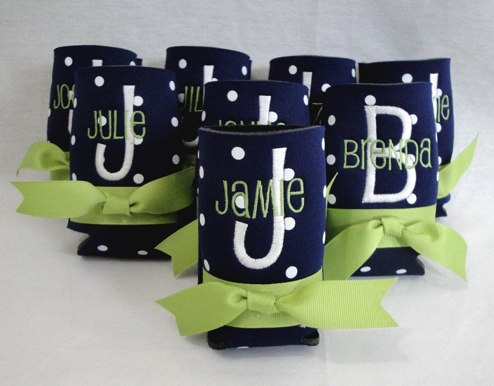 Personalized Beverage Can Koozie Navy Blue With White Polka Dots and Sage Ribbon Trim