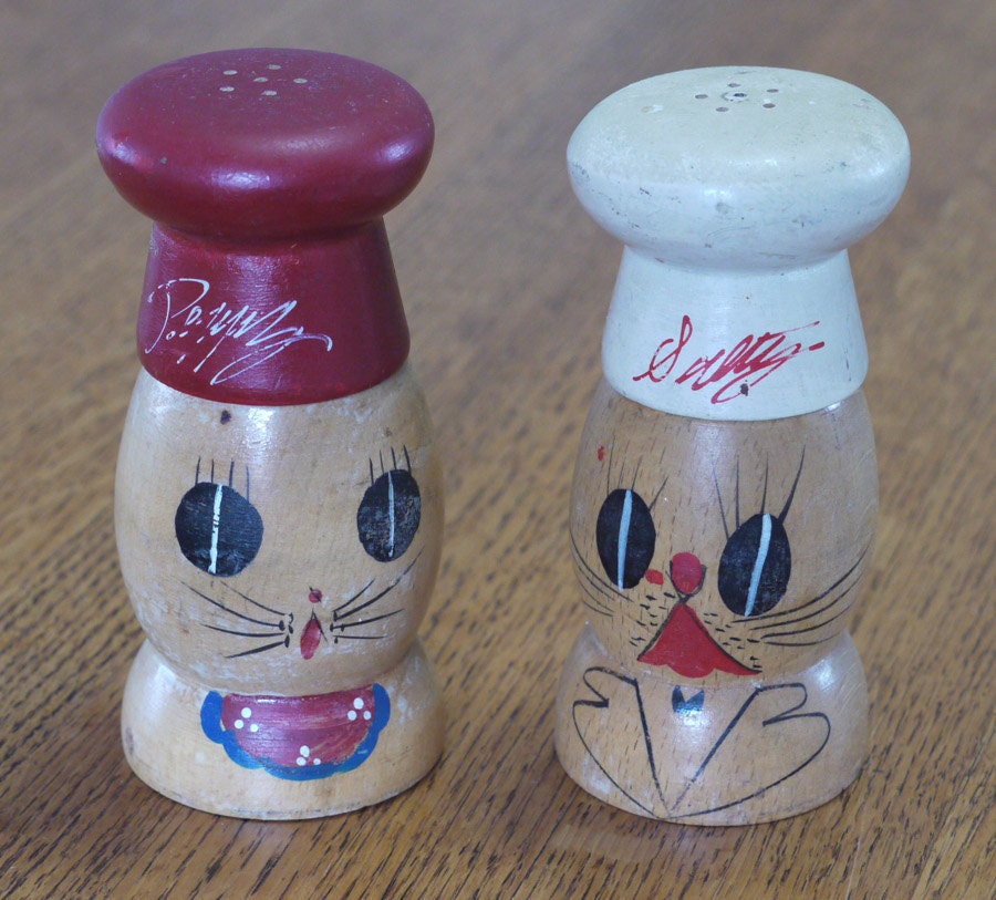 Salty and Peppy - Vintage Hand Painted Wooden Salt and Pepper Shakers