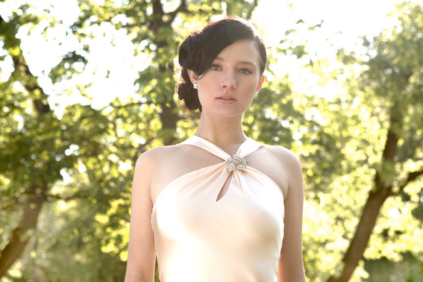 1930s Asymmetrical Halter Wedding gown, Art Deco bias cut silk charmeuse, "Harper", Mermaid skirt, Pink Champagne, custom