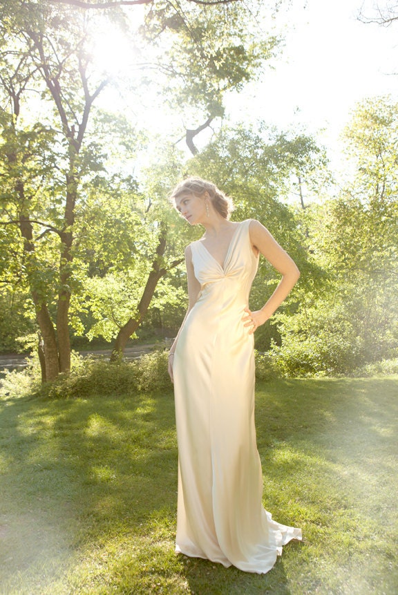 1930s Draped V Neck Art Deco bias cut silk charmeuse retro wedding gown, Champagne, "Mila" gown, Low back, backless, customizable