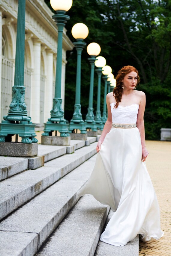 Strapless  1930s inspired "Evalyn" Bridal Gown, French Lace bodice, silk full bias skirt