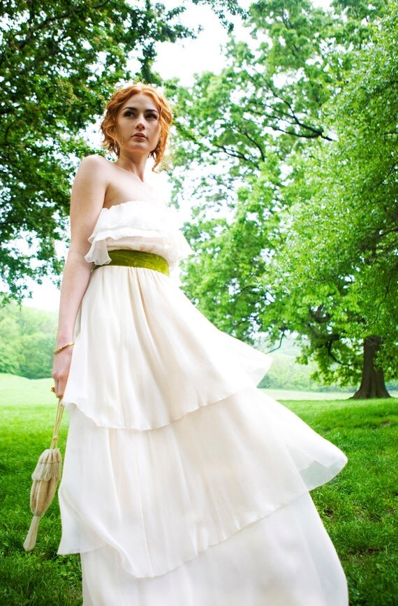 1970's Inspired Strapless Chiffon "Harlow-Faith" Bridal Gown, Ruffles, Multi Tiered Maxi Gown, boho wedding dress, Customizable