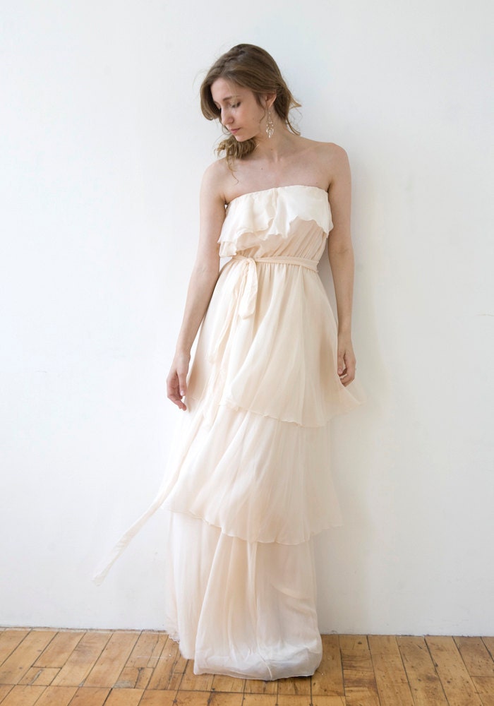 1970's Inspired Strapless Chiffon "Harlow-Faith" Bridal Gown, Ruffles, Multi Tiered Maxi Gown, boho wedding dress, Customizable