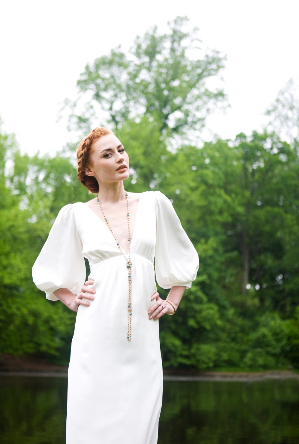 1970's Inspired Deep V neck Gown, "Adele" Bridal Gown, Full 3/4 Sleeves, Column Shape, bohemian wedding dress, minimal, Silk, Customizable
