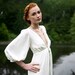 1970's Inspired Deep V neck Gown, "Adele" Bridal Gown, Full 3/4 Sleeves, Column Shape, bohemian wedding dress, minimal, Silk, Customizable