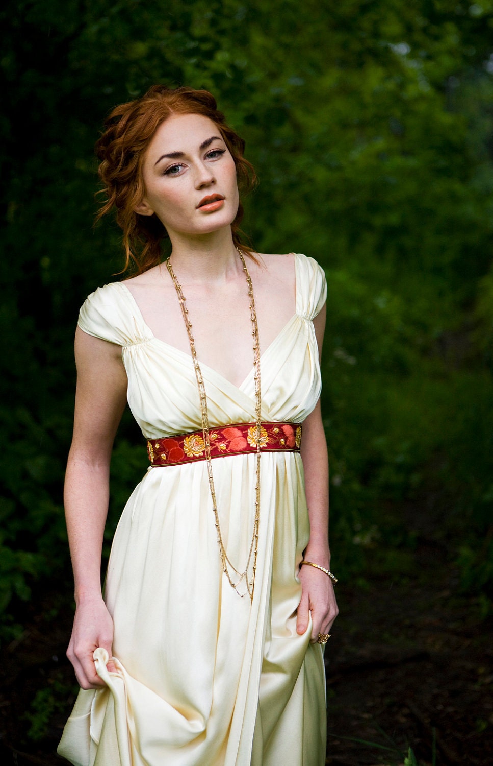 Empire waist wedding gown with cap sleeves, contrast ribbons, "Allison" Bridal Gown, romantic full skirts, draped silk, ruched, wrap style