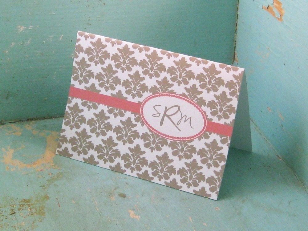 Damask Monogrammed Stationary - Casual Personalized Stationery Set of 12
