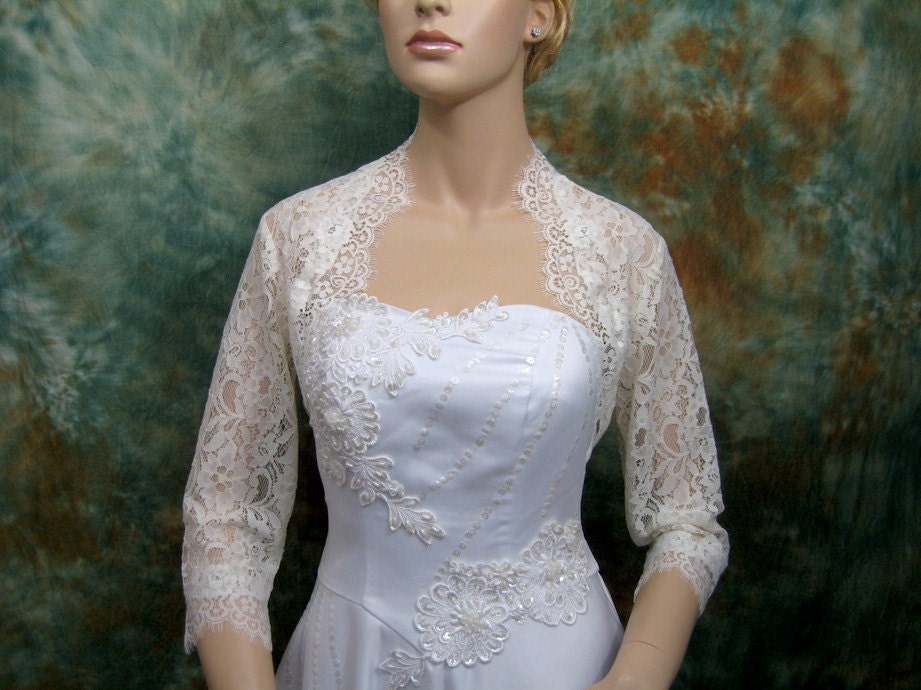 Ivory 3/4 sleeve bridal corded lace wedding bolero jacket