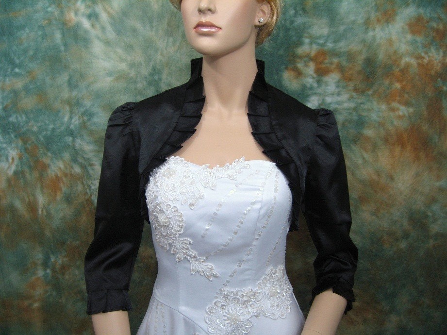 Black 3/4 sleeve satin wedding bolero jacket shrug