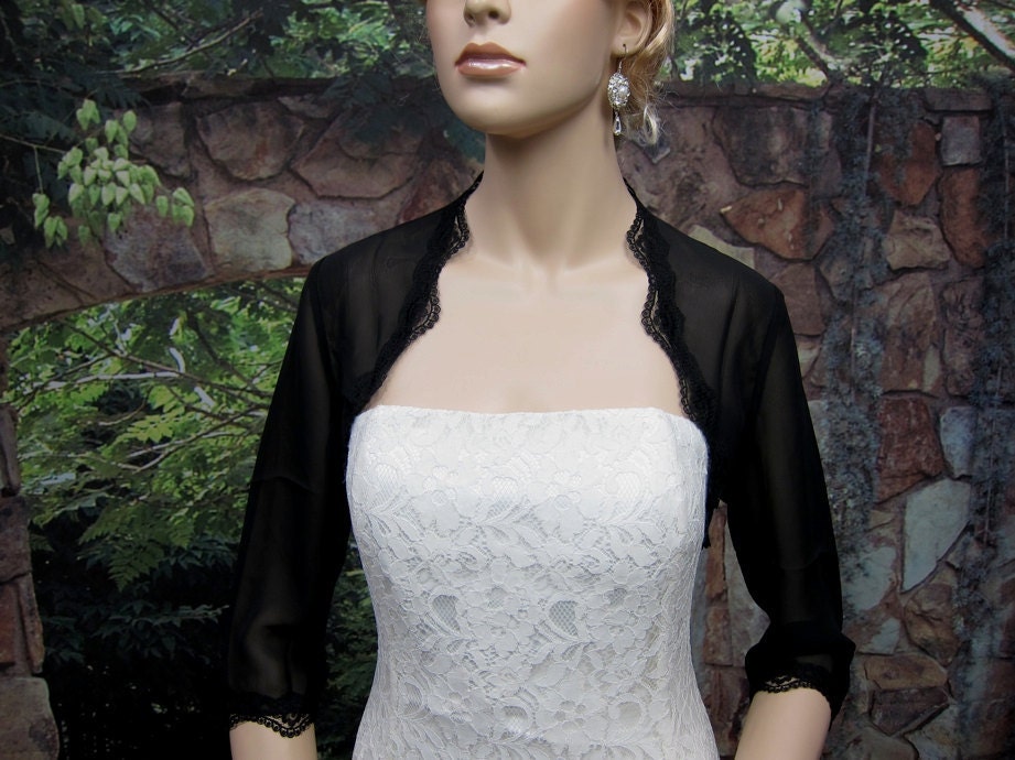3/4 sleeve wedding bridal black chiffon bolero jacket