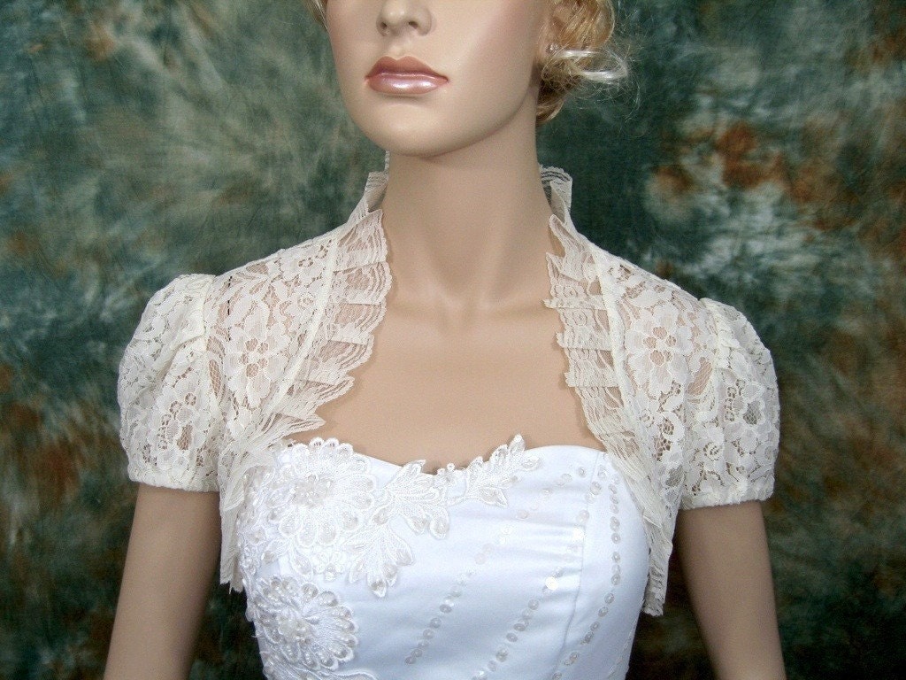 Short sleeve corded lace wedding bolero jacket shrug --- available in ivory, off-white and white