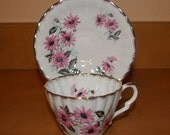 China Cup and Saucer  Pink Flowers  By Gladstone  Vintage 1950's