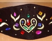Black Velvet Belt   Sash  Multi Color Stones Gold Embroided  Size S/M