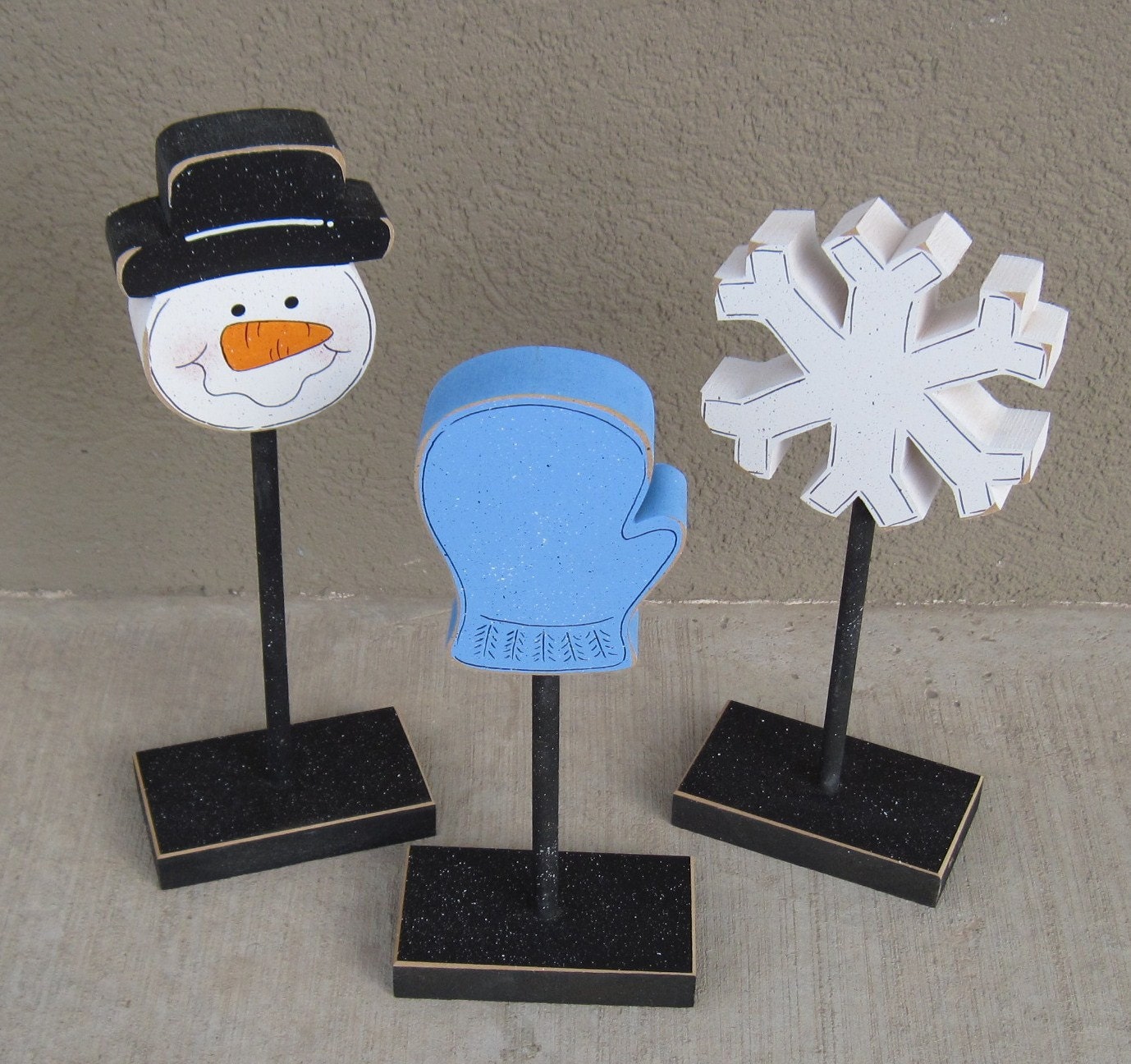 3 Tall Standing WINTER THEMED Block  SET with Snowman face, Mitten, and Snowflake for winter decor, shelf, desk, office and home decor