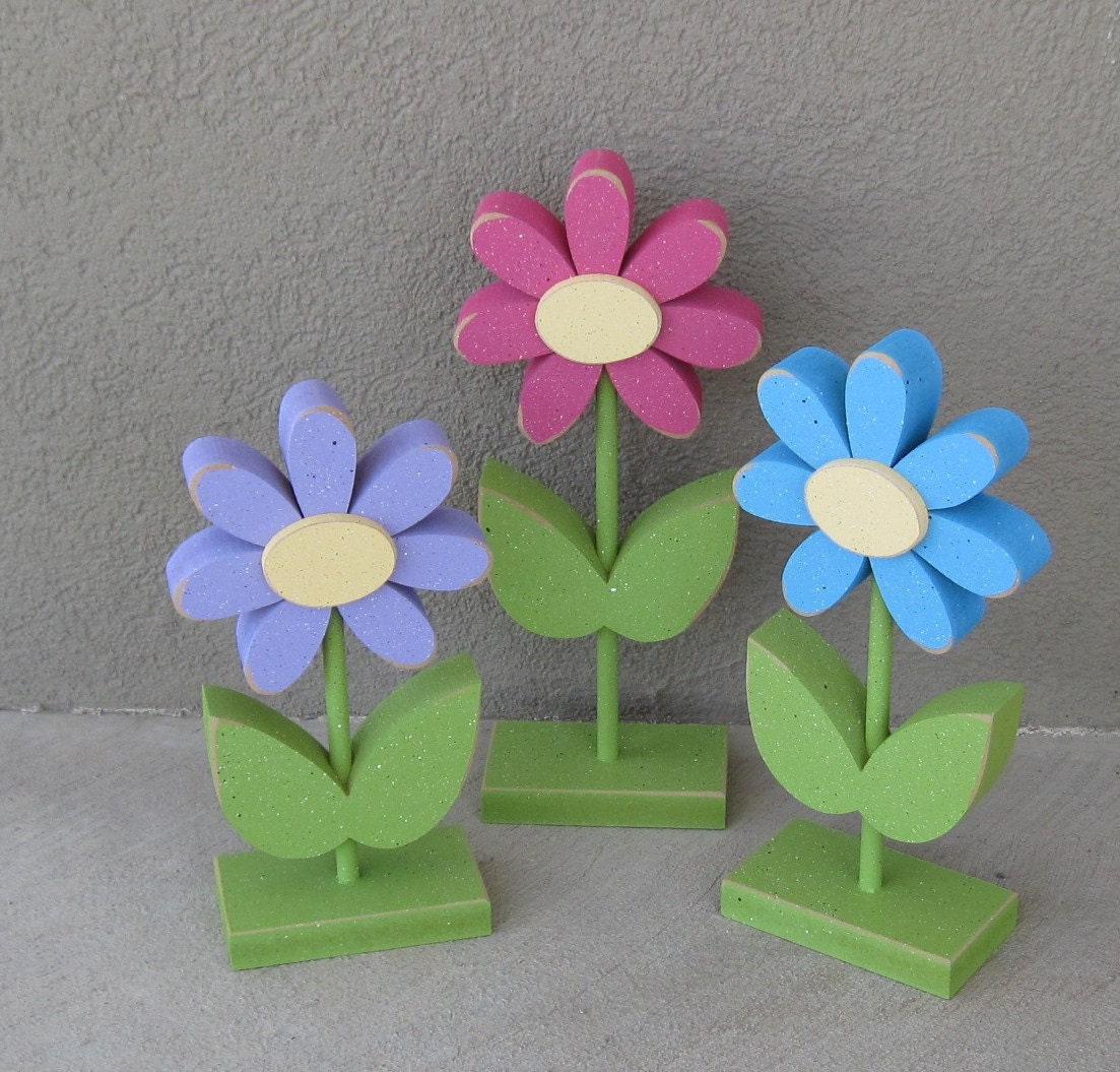 3 Tall Standing Flower Block Set for Spring decor, Flower decor, Girl room decor, shelf, desk, office and home decor