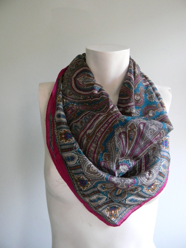 vintage. Oscar De La Renta Silk Purple and Turquoise Large Scarf