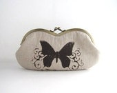 Sunglasses case / Eyeglass Case- butterfly on beige linen -snap case- frame purse