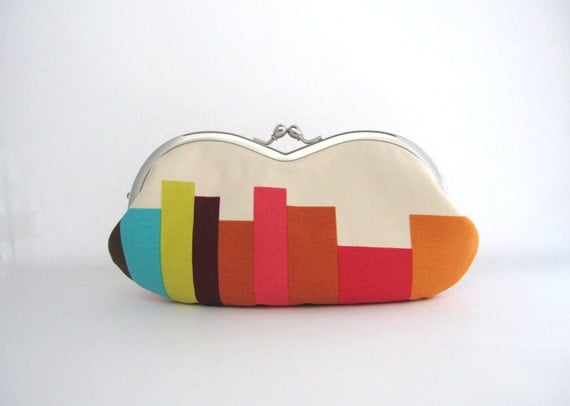 LAST ONE sunglass / eyeglasses case- stripe on beige -red- snap case- frame purse