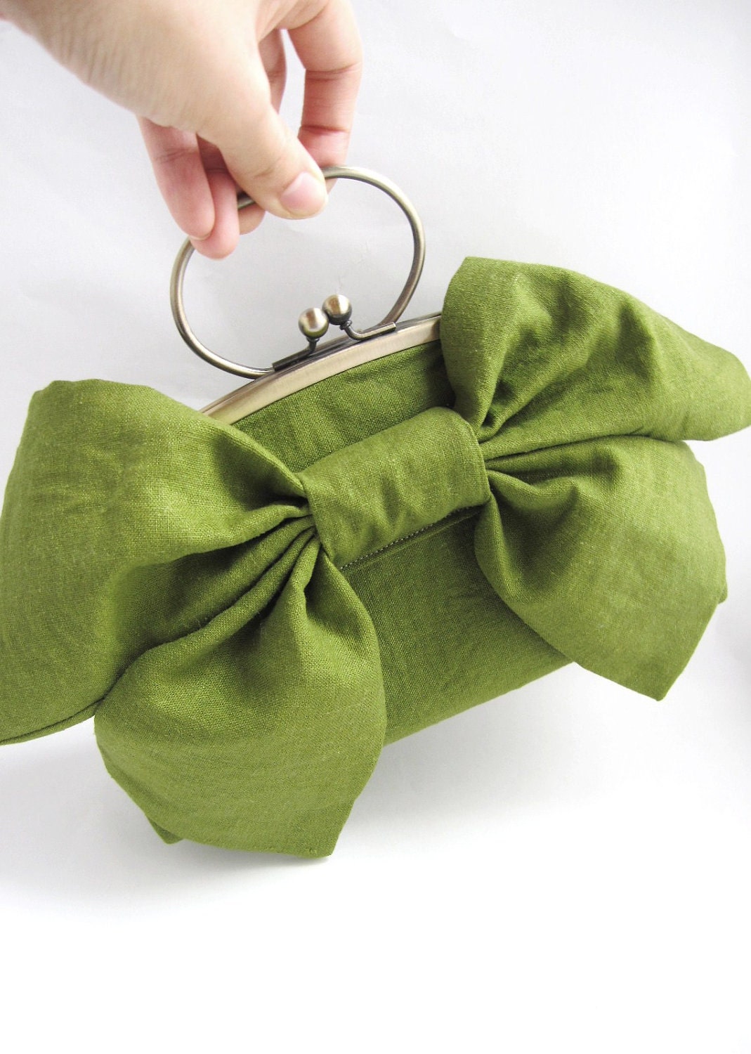 Large Bow Clutch with Handle - green tea linen
