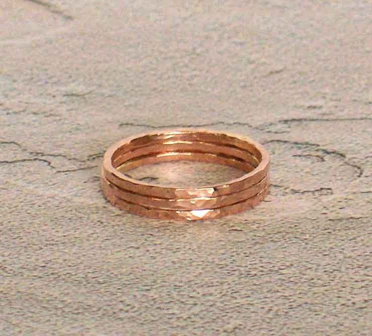 3 Rose Gold Stacking Band Rings - 14K Rose Gold Filled Slender Narrow Hammered Band Stacking Rings - Made to Order