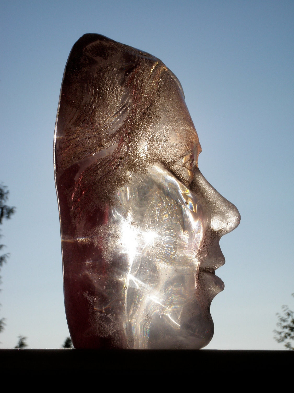 Cast Glass Face Sculpture, Ruby Red Head of a Woman, Crystal Art Lens Cheeks
