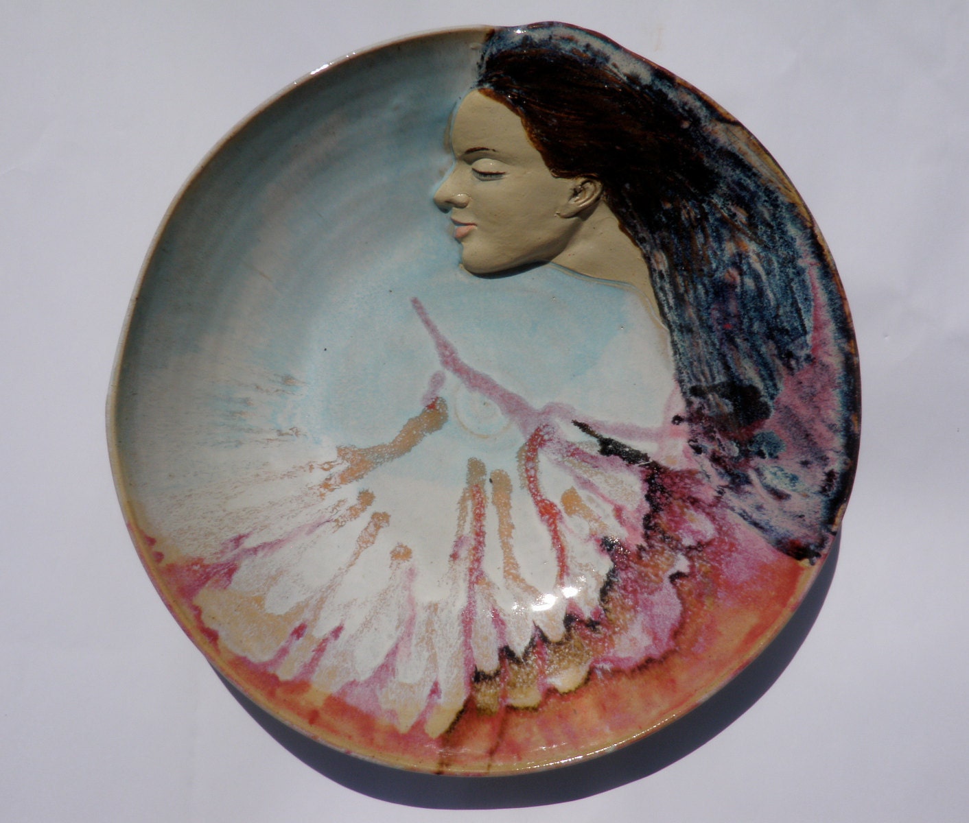 Goddess Art Serving Bowl Wall Art Platter Bas Relief Figure Sculpture Large Centerpiece with Turquiose Blue Sky