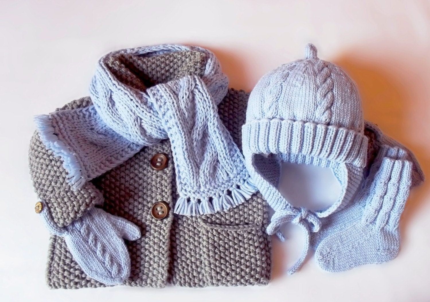 Baby Hat Scarf and Mittens Hand Knit Merino Extrafine Wool RESERVED for SHOBI